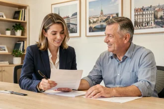 Agent immobilier et client en consultation dans une agence immobilière à Lyon pour sécuriser un achat immobilier
