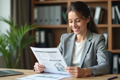 Femme examinant une estimation immobilière en ligne détaillée sur son bureau à domicile