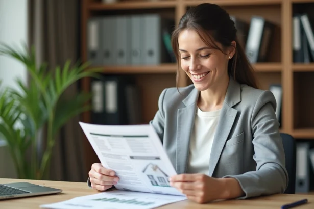 Femme examinant une estimation immobilière en ligne détaillée sur son bureau à domicile