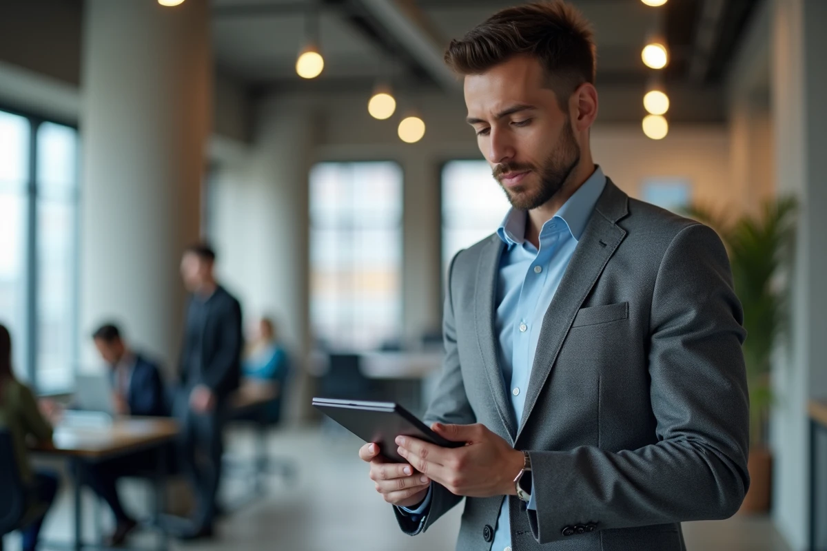 Agent immobilier IAD consultant l'intranet conseiller sur tablette dans un espace de coworking moderne pour gérer sa prospection
