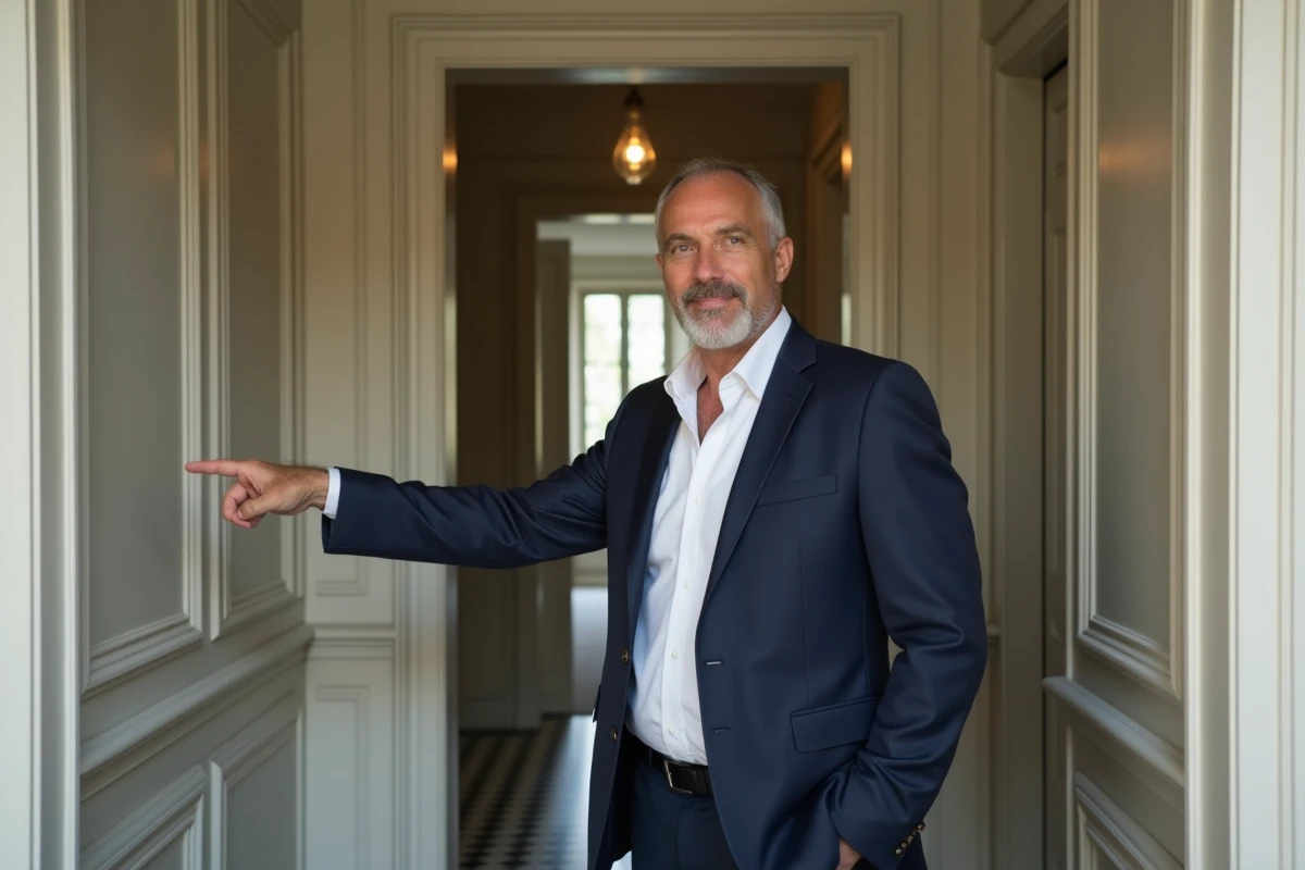 Agent immobilier présentant la configuration d'un appartement T1 bis avec alcôve et couloir de style haussmannien
