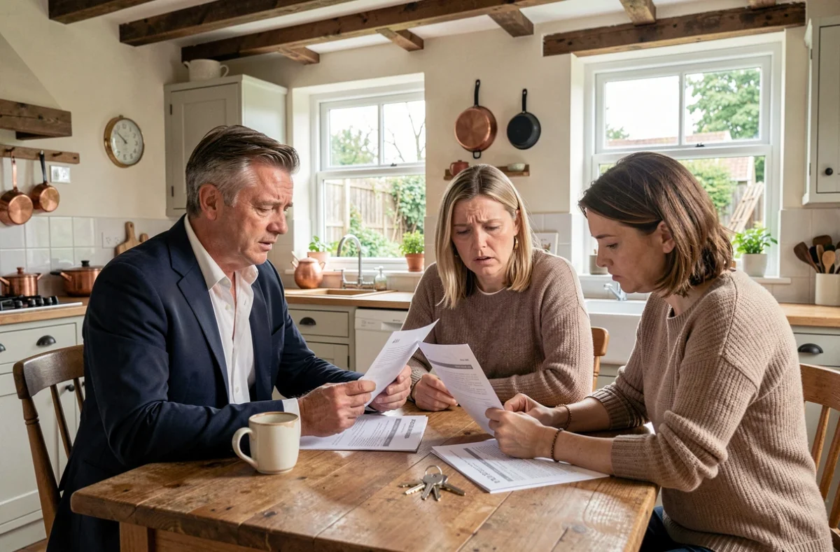Agent immobilier et couple en situation de divorce consultant une estimation de bien dans une cuisine normande du Calvados