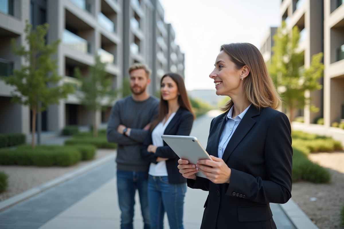 Agent immobilier expliquant un projet immobilier à un couple