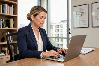 Agente immobilière professionnelle évaluant des biens sur un ordinateur portable dans un bureau moderne