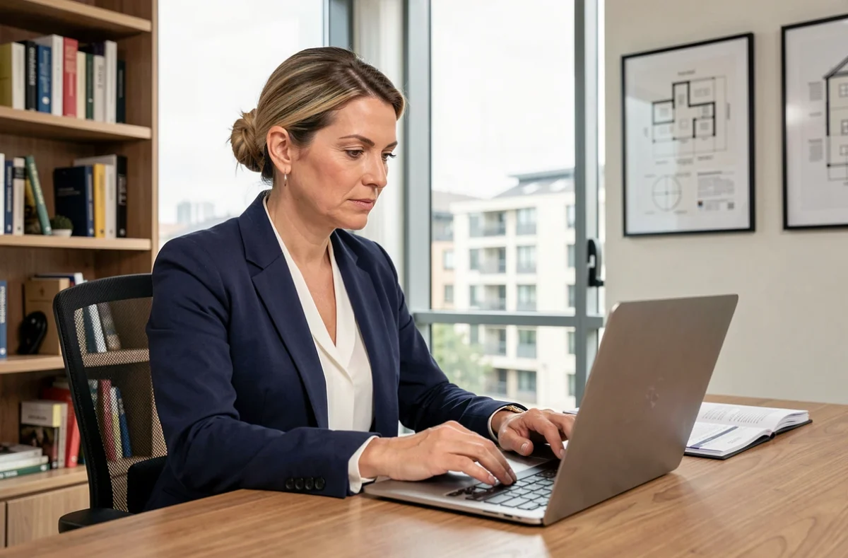 Agente immobilière professionnelle évaluant des biens sur un ordinateur portable dans un bureau moderne