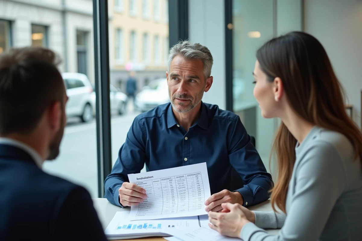 Agent immobilier expliquant le calcul du taux d'endettement IDR à un couple dans une agence moderne