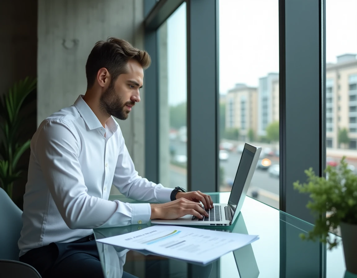 Agent immobilier préparant un document pré état daté structuré sur ordinateur dans un bureau avec vue urbaine