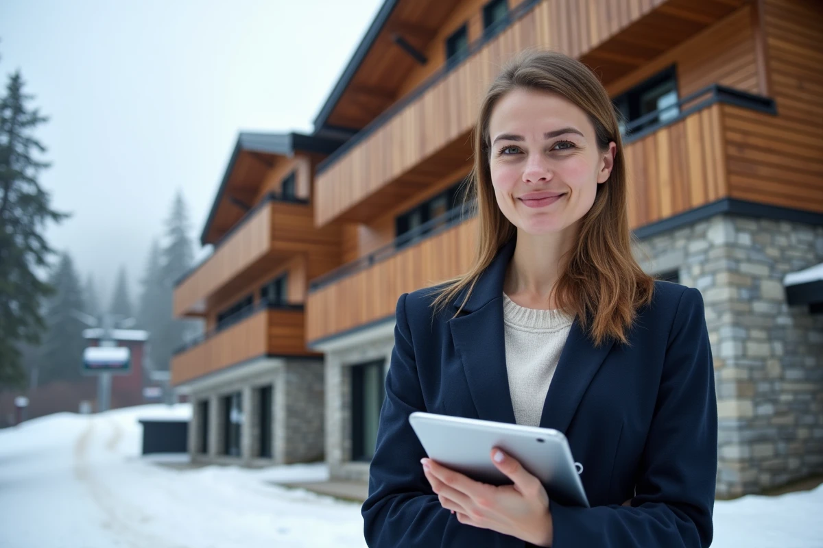 Agente immobilière devant une résidence Pierre et Vacances à vendre dans une station de ski alpine