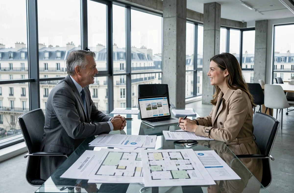 Agent immobilier et client analysant des rapports de gestion des risques dans une agence moderne