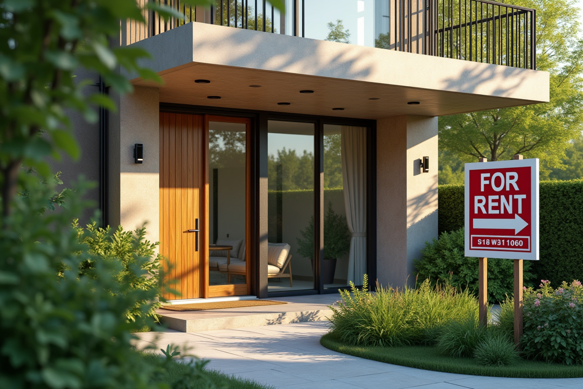 Appartement moderne avec panneau a louer entouré de verdure en plein jour