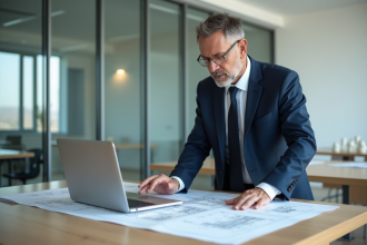 Architecte homme en costume bleu examinant des plans dans un bureau moderne