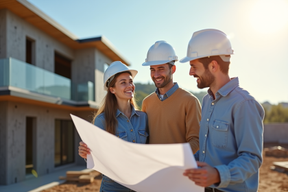 Architecte souriant avec un couple sur un chantier moderne