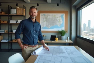 Architecte consultant des plans de construction et une carte de Milwaukee dans un bureau de l'association des constructeurs