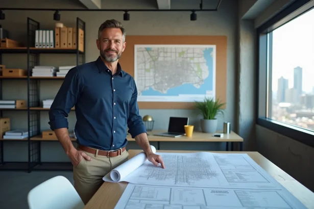 Architecte consultant des plans de construction et une carte de Milwaukee dans un bureau de l'association des constructeurs