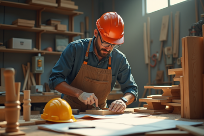 Artisan menuisier dans un atelier lumineux inspectant un meuble en bois