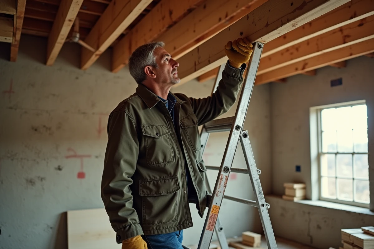 Artisan inspectant la structure d'une maison en cours de rénovation après acquisition