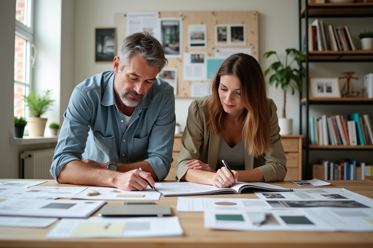 Deux associés examinant des tendances rentables en rénovation avec des mood boards et échantillons de matériaux sur une table de travail