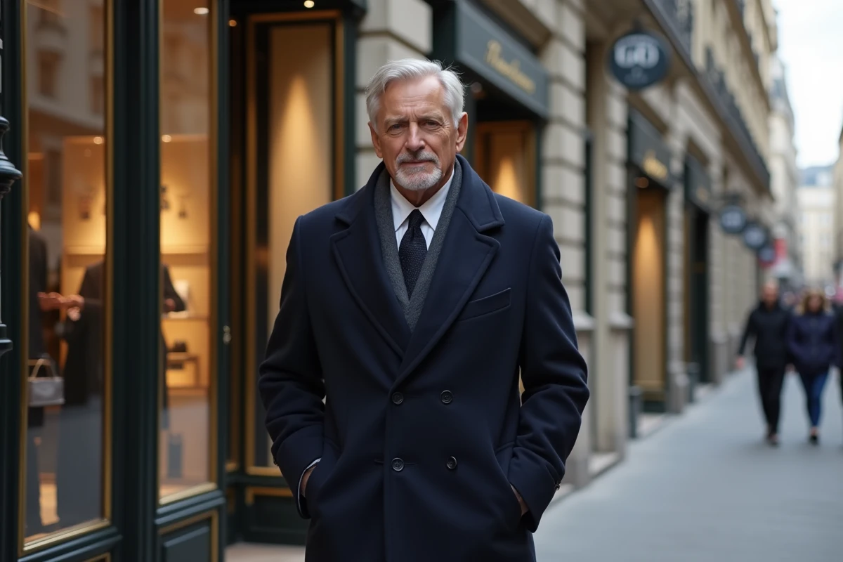 Homme élégant se promenant Avenue Montaigne dans le 8e arrondissement de Paris, symbole du luxe et de la richesse parisienne