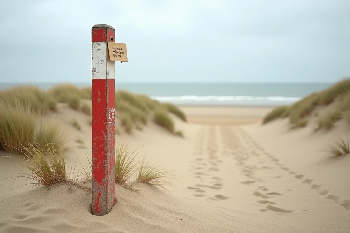 Borne de bornage cadastral plantée dans les dunes côtières symbolisant la limite des 100 mètres imposée par la loi littoral