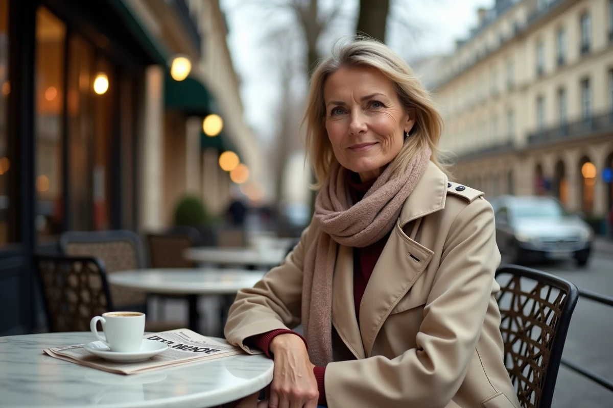 Femme élégante en terrasse de café dans le 16e arrondissement de Paris, illustrant le niveau de vie aisé des quartiers les plus riches de la capitale