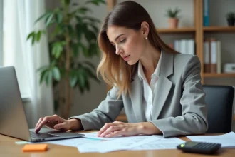 Femme calculant l'IDR immobilier sur un ordinateur portable avec des documents de prêt étalés sur un bureau en bois