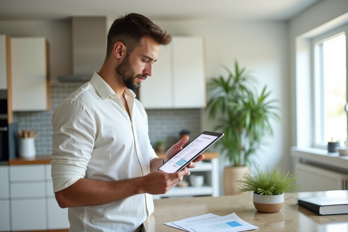 Homme consultant une application de calcul d'IDR immobilier sur une tablette dans une cuisine moderne