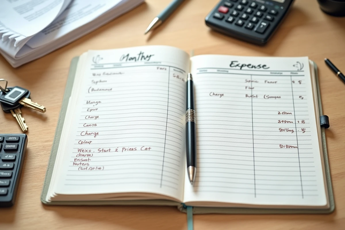 Vue aérienne d'un bureau avec carnet de charges mensuelles, calculatrice et documents de copropriété pour un T1 bis
