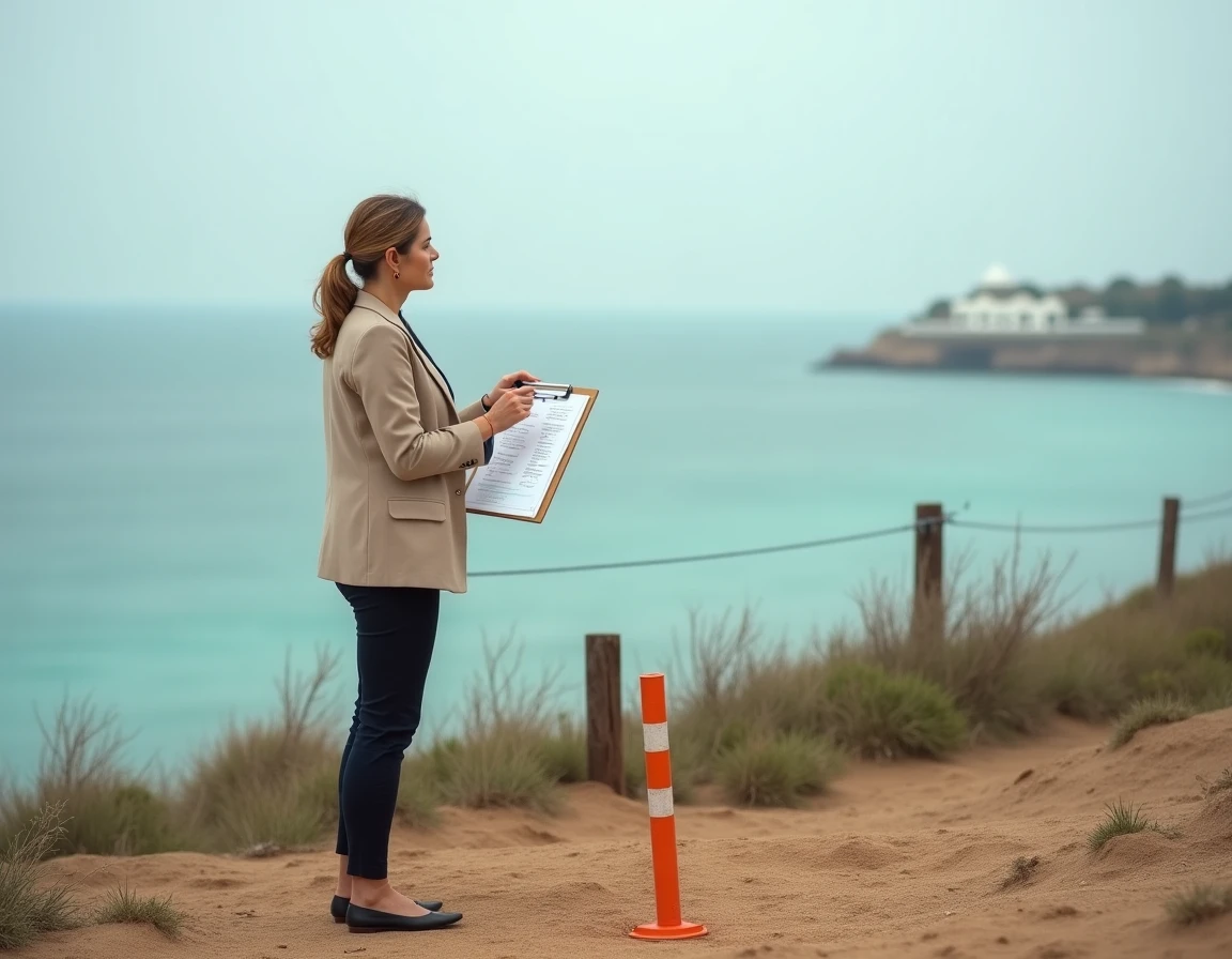Femme vérifiant une checklist sur un terrain vide en bord de mer avant la signature d'un acte notarial