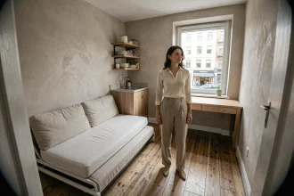 Femme évaluant la superficie d'un petit studio meublé en ville pour choisir la bonne taille selon son mode de vie