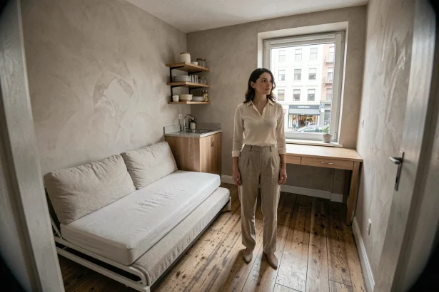 Femme évaluant la superficie d'un petit studio meublé en ville pour choisir la bonne taille selon son mode de vie