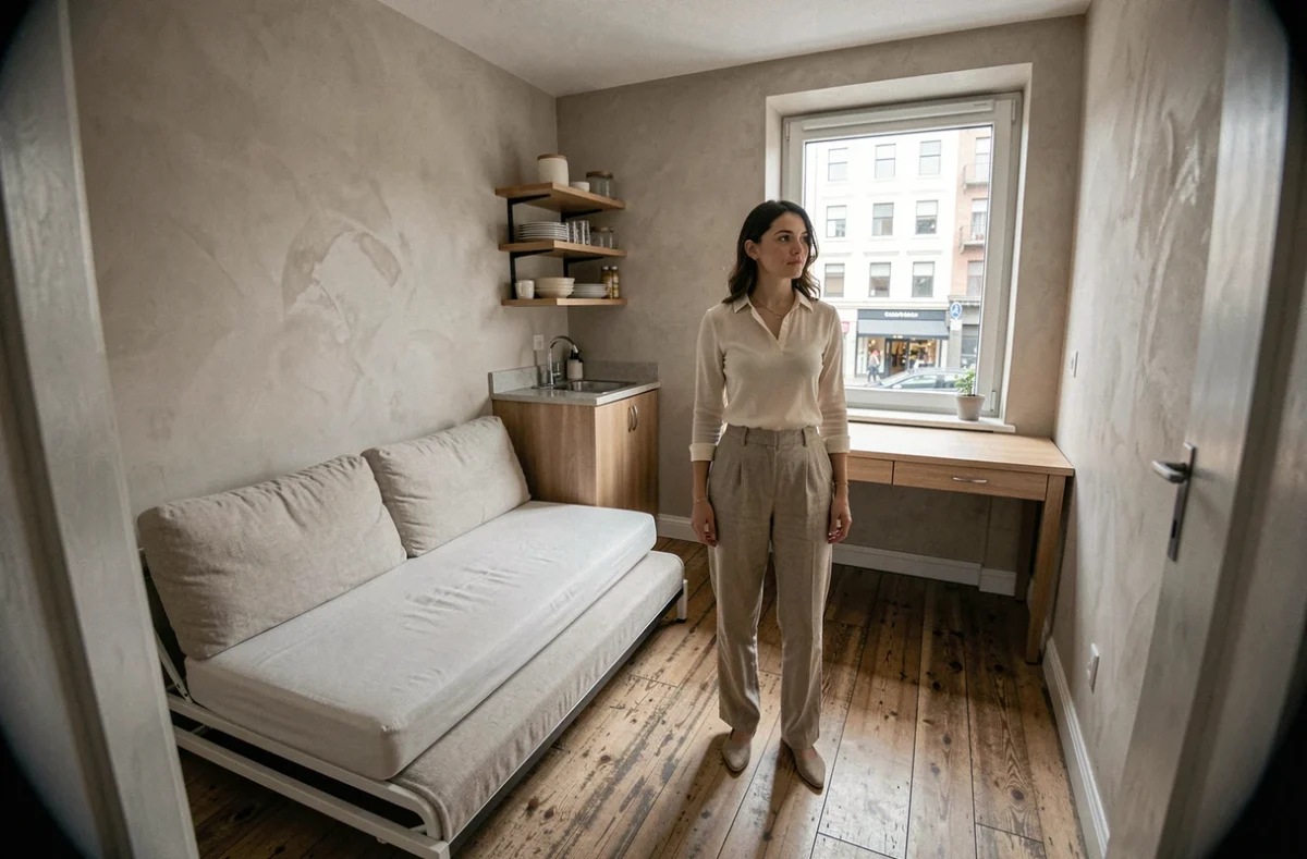 Femme évaluant la superficie d'un petit studio meublé en ville pour choisir la bonne taille selon son mode de vie