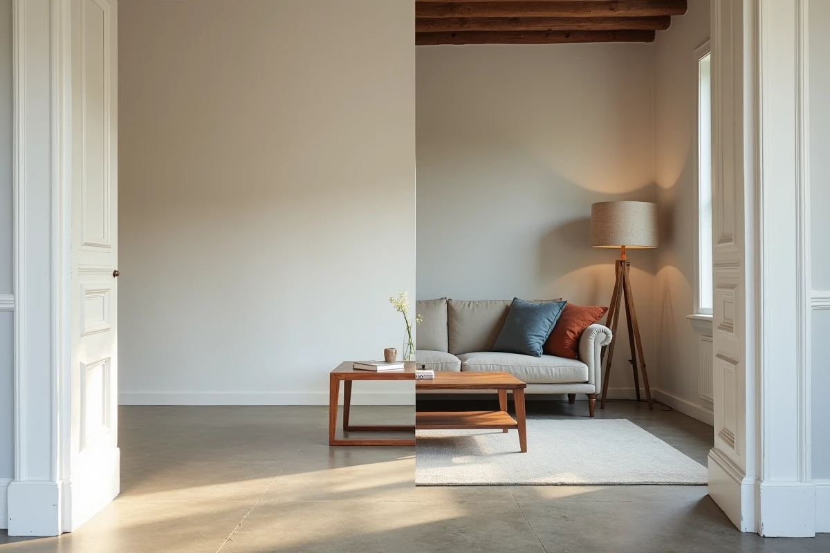 Comparaison entre une pièce vide et une pièce meublée dans une maison en location en France