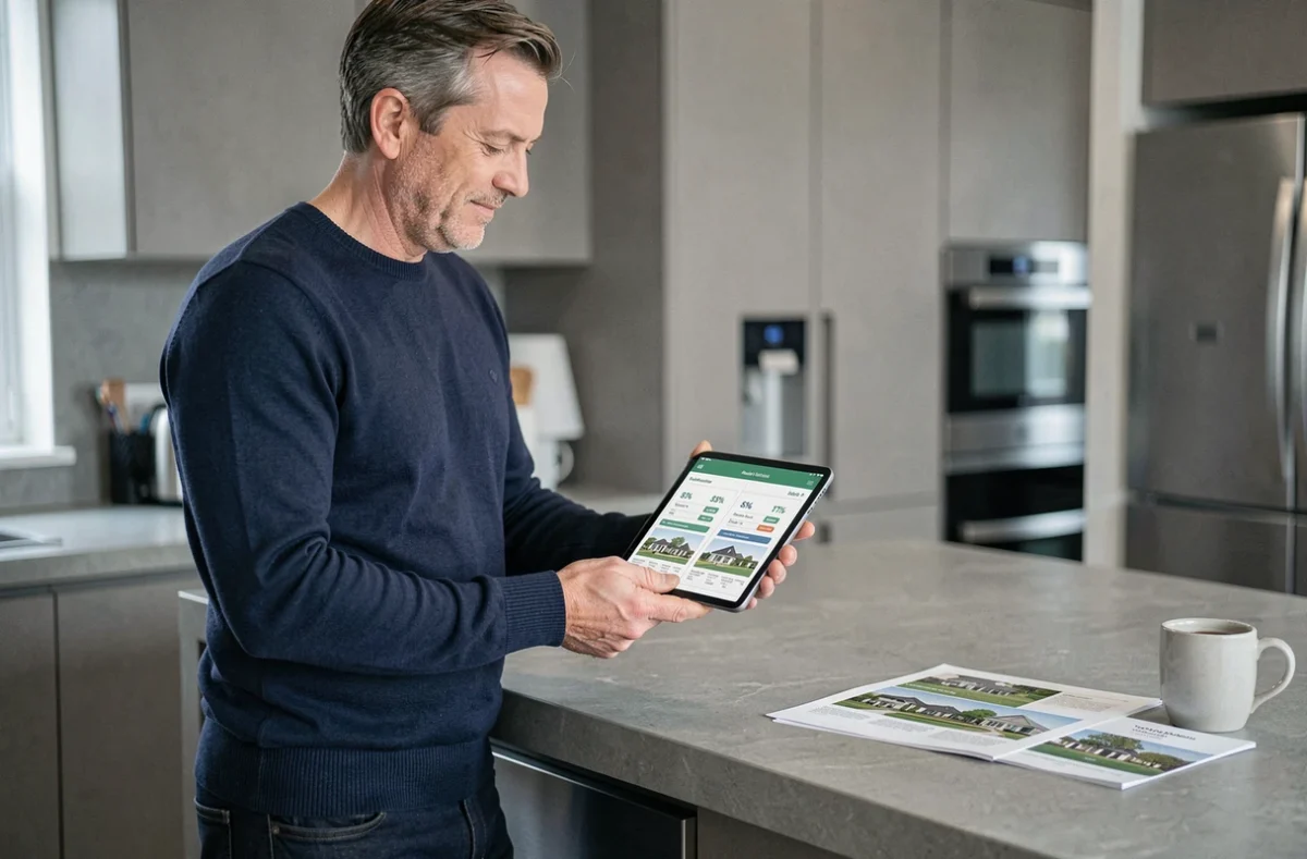 Homme consultant un simulateur comparatif de biens immobiliers sur tablette dans une cuisine moderne