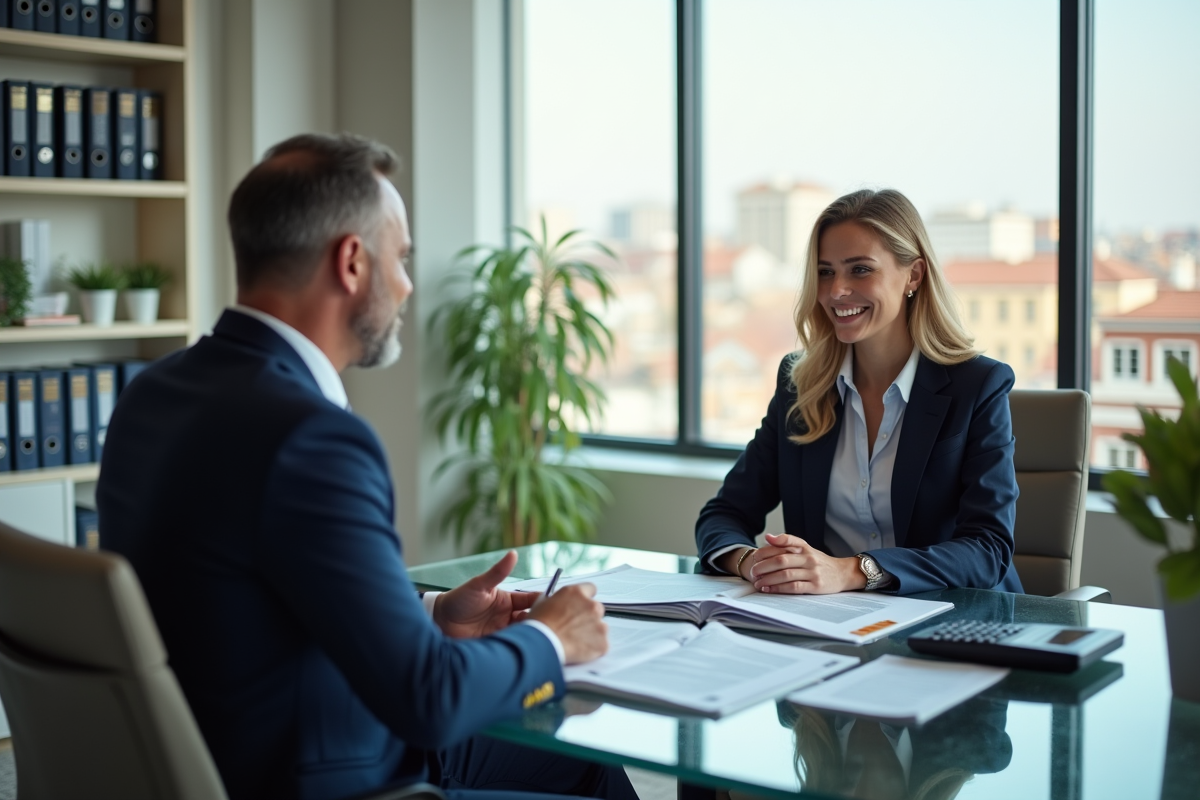 Conseiller bancaire consulte une cliente dans un bureau moderne