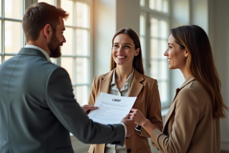 Conseiller immobilier souriant avec un couple et un document LMNP