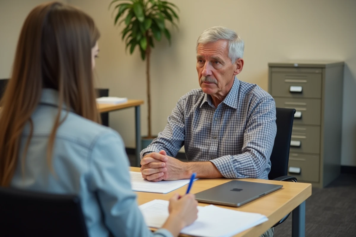 Locataire en difficulté discutant avec un conseiller logement dans un bureau d'aide sociale, face aux risques liés aux loyers impayés