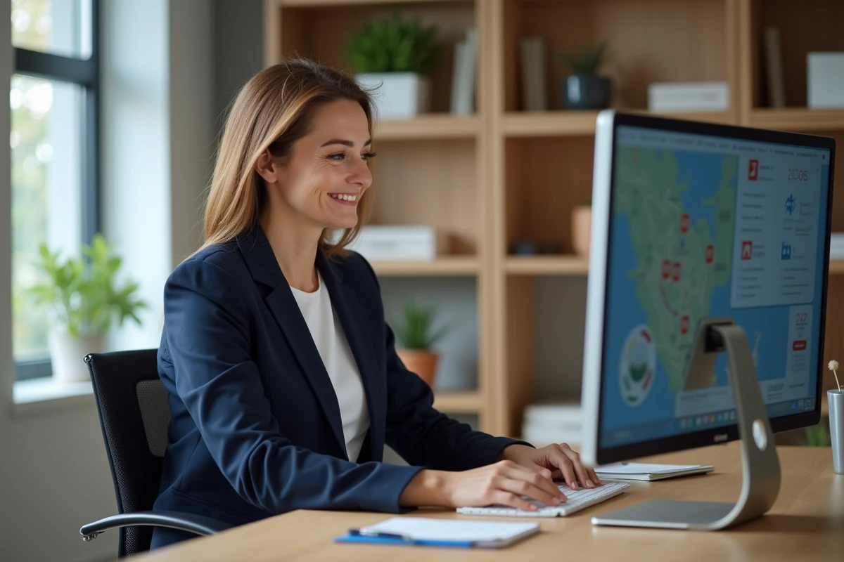 Conseillère immobilière IAD utilisant le tableau de bord intranet pour optimiser sa prospection immobilière depuis son bureau à domicile