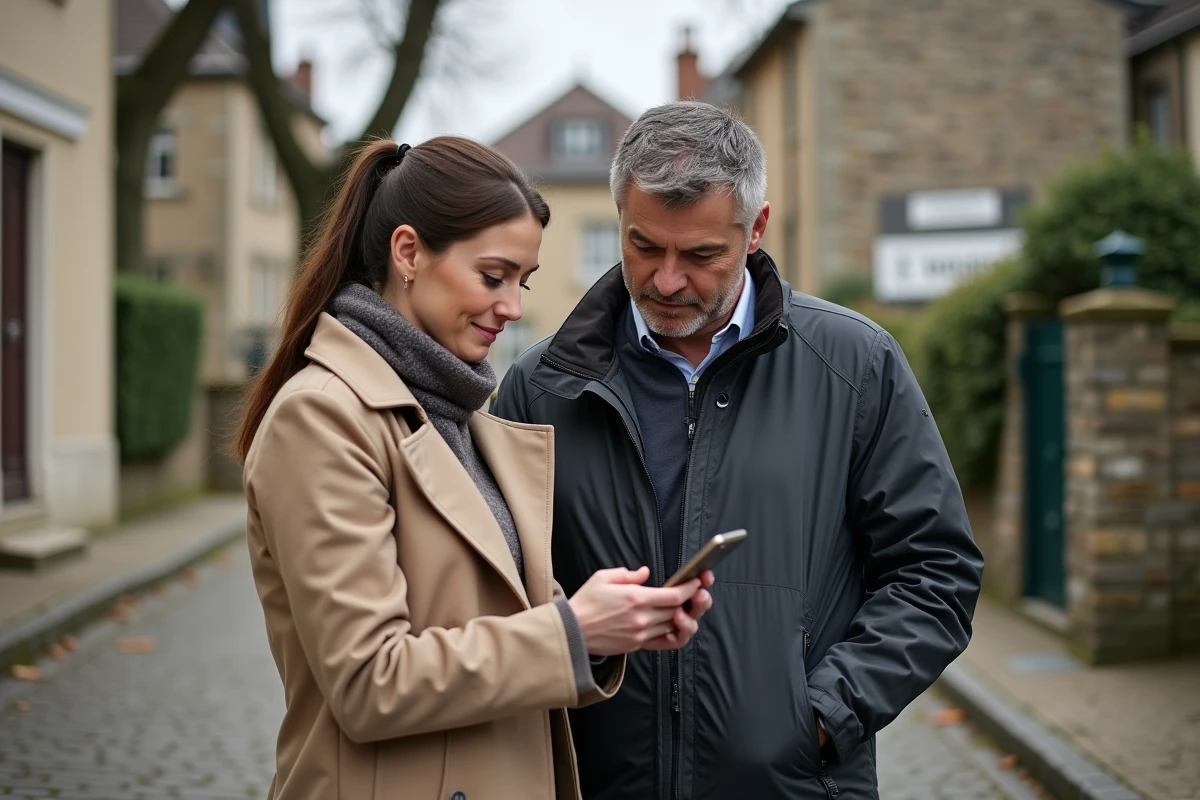 Deux conseillers immobiliers IAD en prospection terrain consultant l'intranet sur smartphone devant une maison française à vendre
