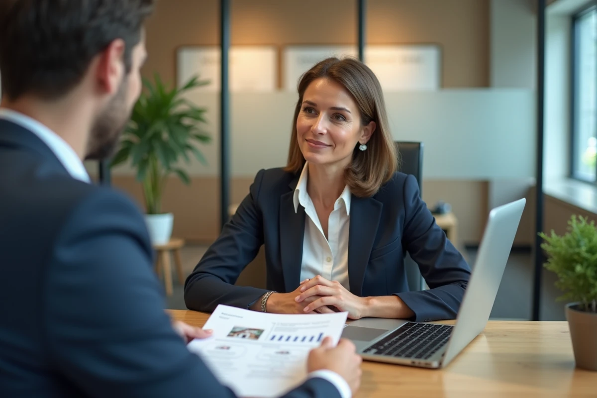 Femme consultant un conseiller bancaire pour financer des travaux de rénovation