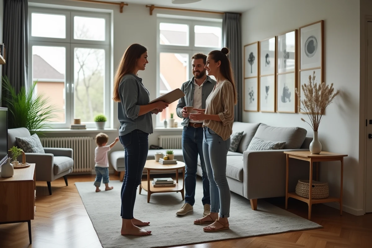 Femme avec un clipboard parle avec un couple dans un salon