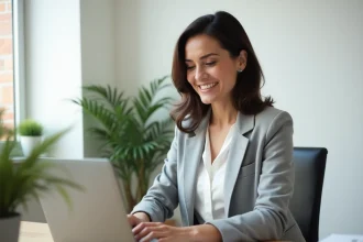 Copropriétaire utilisant l'espace client MyCitya sur un ordinateur portable dans un bureau à domicile organisé