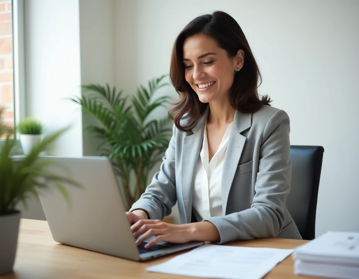 Copropriétaire utilisant l'espace client MyCitya sur un ordinateur portable dans un bureau à domicile organisé