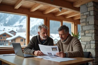Couple étudiant des documents immobiliers dans un appartement de station de montagne Pierre et Vacances avec vue sur les pistes