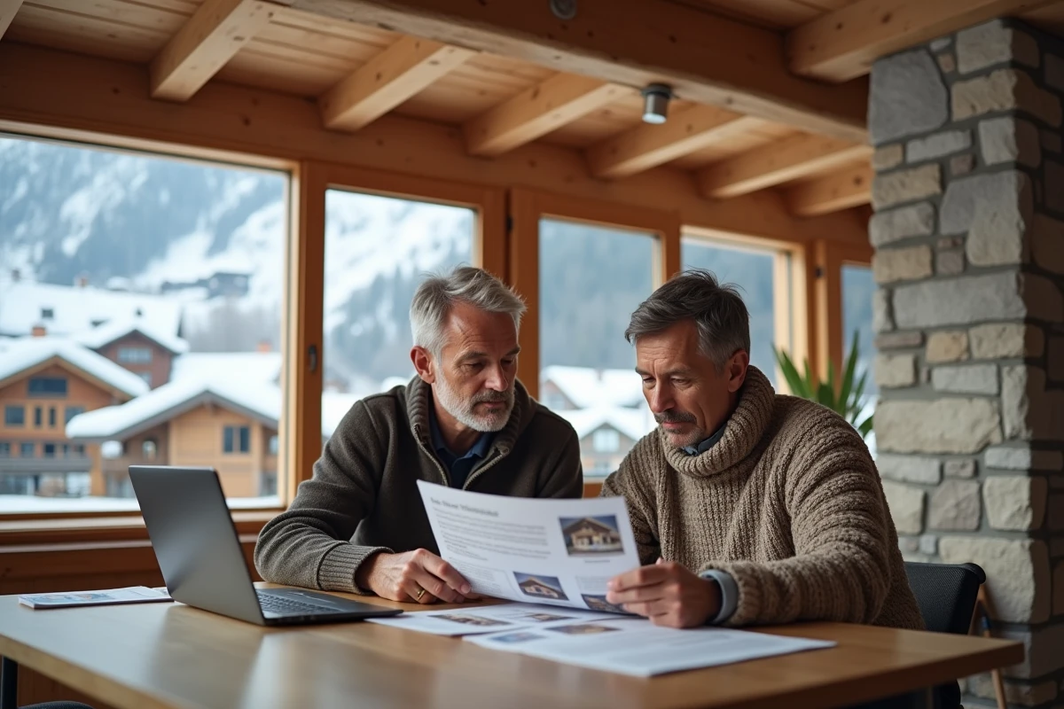 Couple étudiant des documents immobiliers dans un appartement de station de montagne Pierre et Vacances avec vue sur les pistes