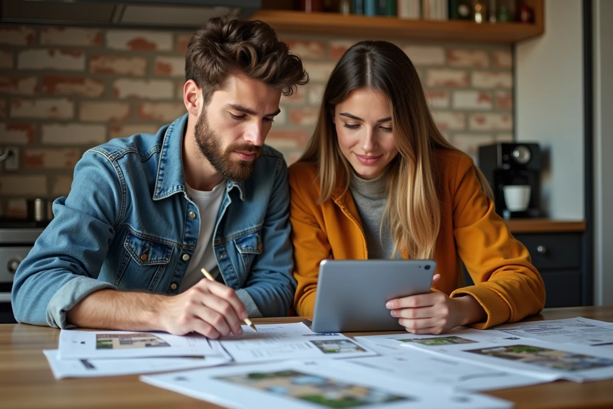 Couple analysant des annonces immobilières imprimées et sur tablette dans une cuisine moderne, recherche de logement fiable