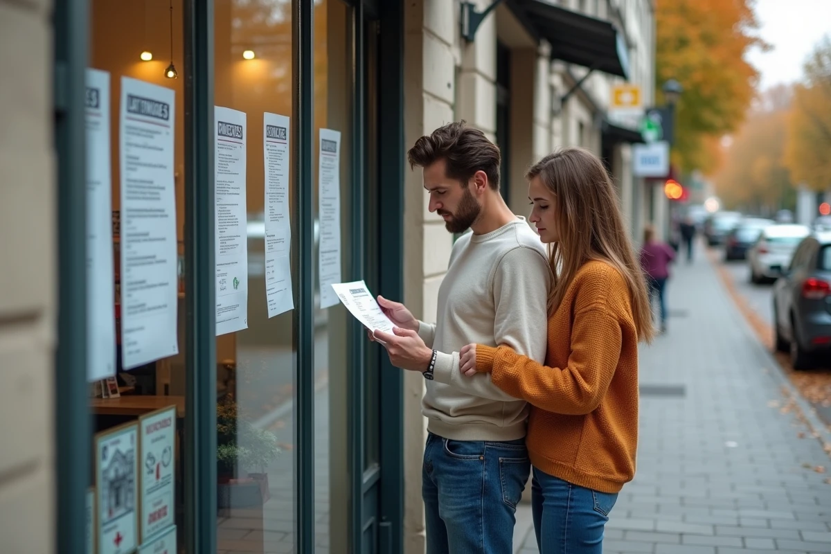 Couple en situation de travail précaire examinant des annonces immobilières en agence, contrat CDD en main, cherchant un logement avec l'aide d'Aidologement.com