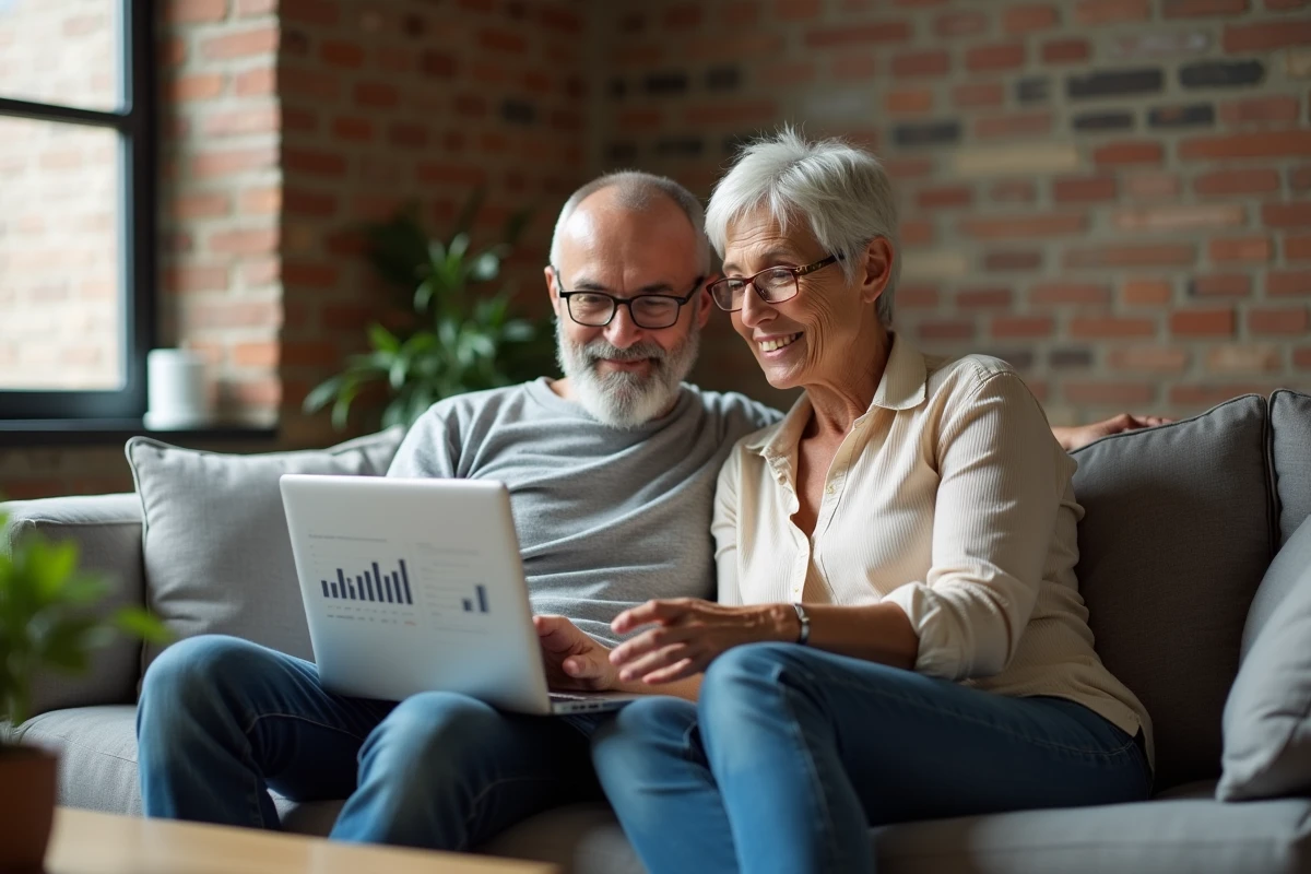 Couple consultant une estimation immobilière détaillée sur un ordinateur portable dans leur salon