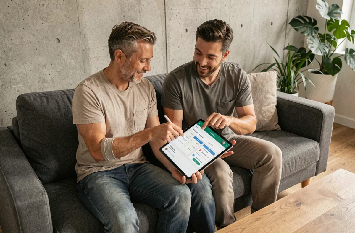 Couple consultant ensemble l'espace locataire MyFoncia sur une tablette dans leur salon pour gérer leurs charges et quittances de loyer