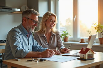 Couple souriant à la maison vérifiant des papiers et ordinateur