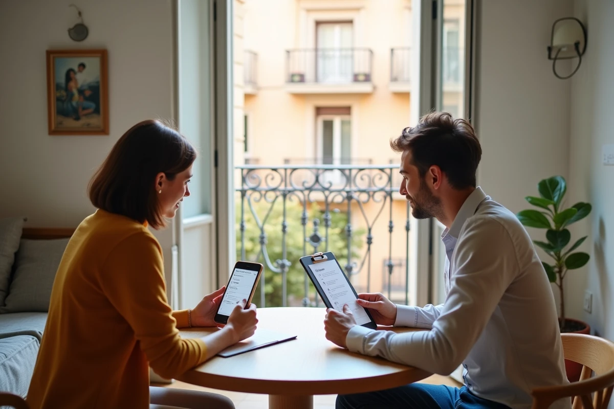 Couple vérifiant les documents et confirmations de réservation d'un appartement en location à Barcelone